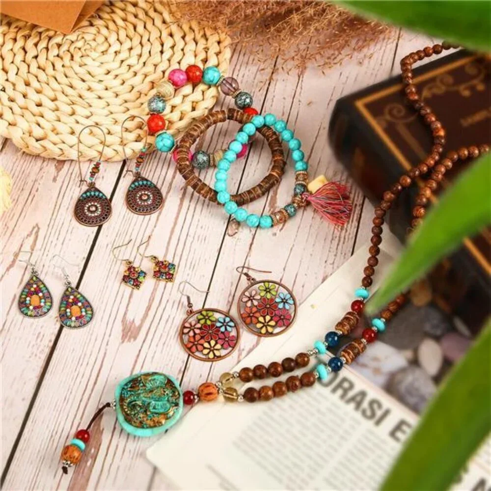 Boho Beaded Jewelry Set – Colorful Necklace, Earrings & Bracelet Collection